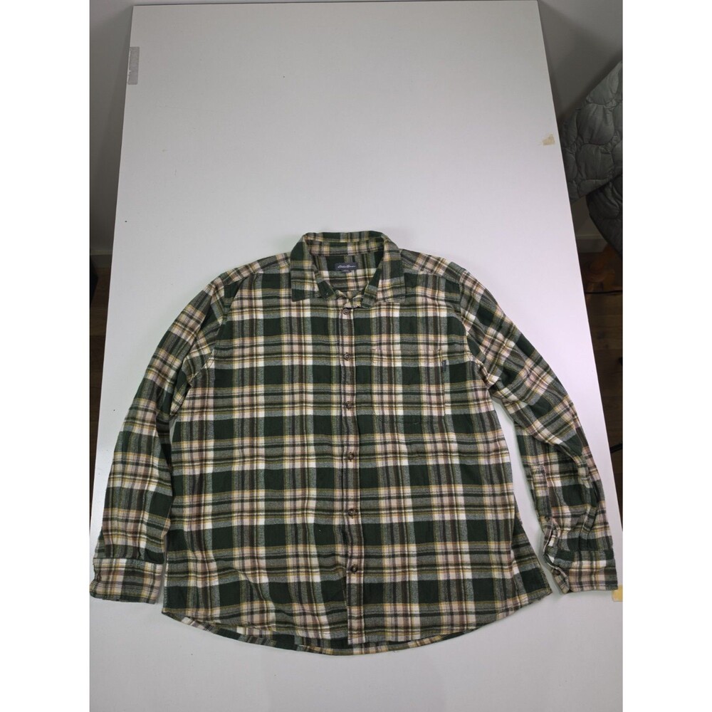Eddie Bauer Long Sleeve Button Shirt Men's Size 2XL Green Flannel Plaid Cotton